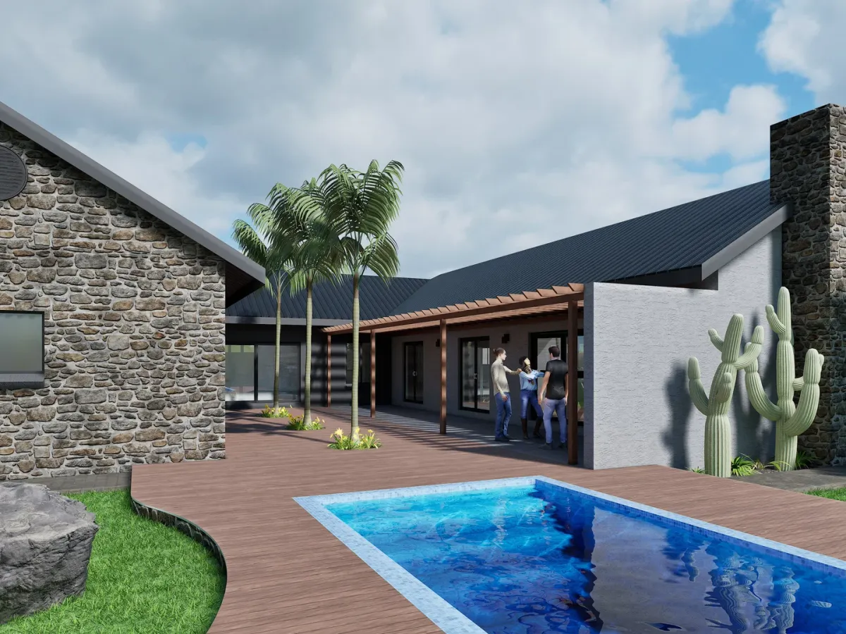 Pool-facing stone facade and covered terrace of the proposed Kranspoort residence, shown in a 3D render